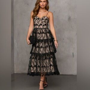 Black Floral Lace Embroidery Midi Dress - NWT- Small Endless Rose